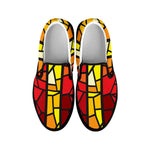 Orange And Red Stained Glass Cross Print Black Slip On Shoes