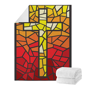 Orange And Red Stained Glass Cross Print Blanket