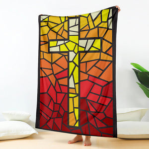 Orange And Red Stained Glass Cross Print Blanket