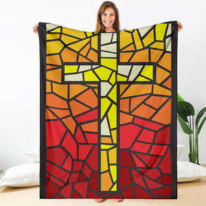 Orange And Red Stained Glass Cross Print Blanket