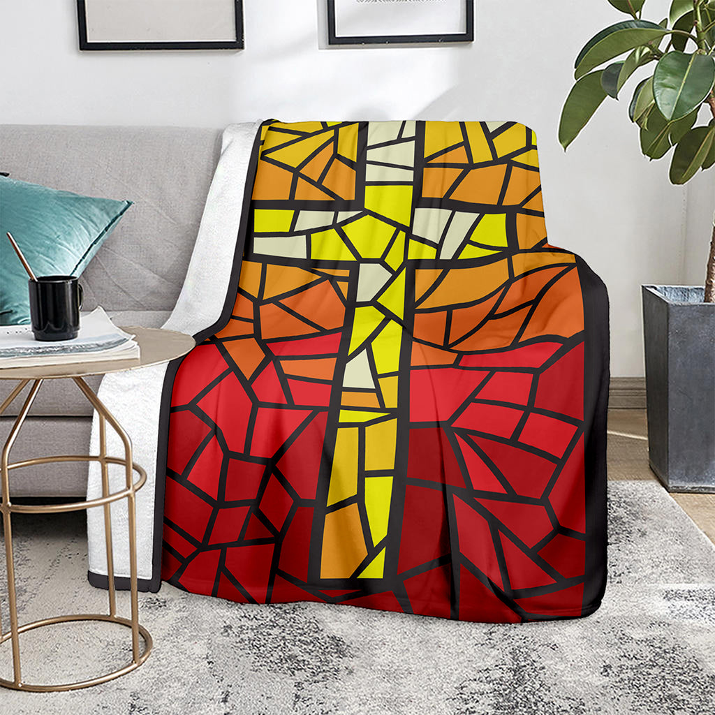 Orange And Red Stained Glass Cross Print Blanket