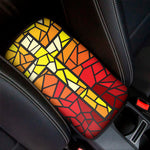 Orange And Red Stained Glass Cross Print Car Center Console Cover