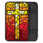 Orange And Red Stained Glass Cross Print Car Center Console Cover