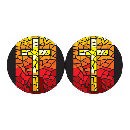 Orange And Red Stained Glass Cross Print Car Coasters