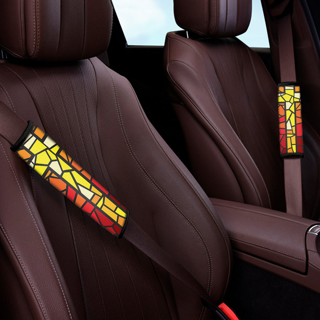 Orange And Red Stained Glass Cross Print Car Seat Belt Covers