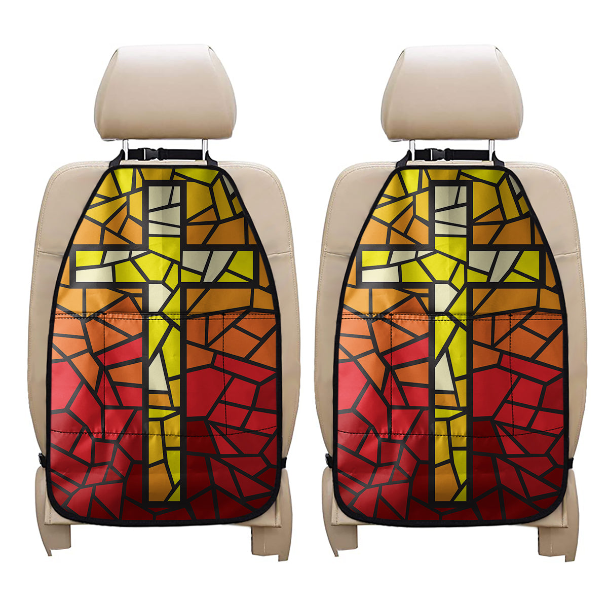 Orange And Red Stained Glass Cross Print Car Seat Organizers