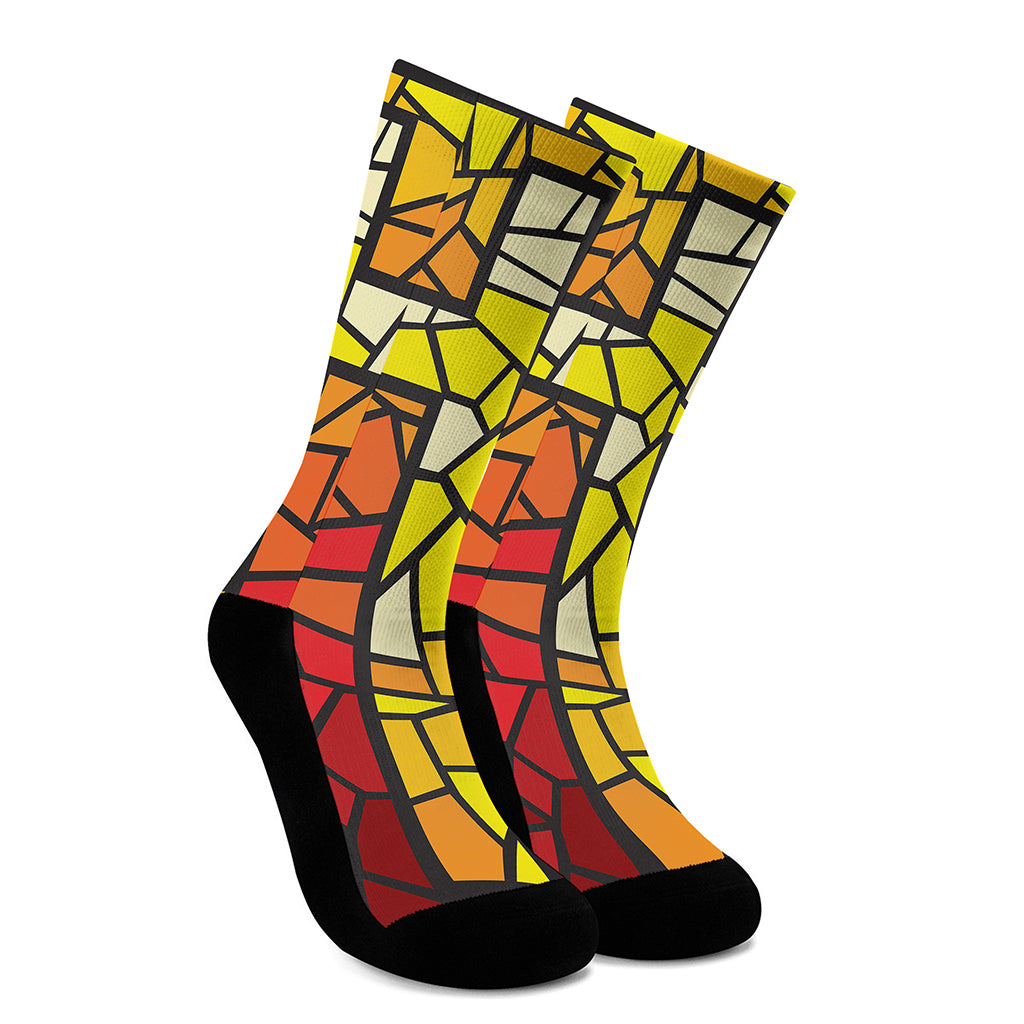 Orange And Red Stained Glass Cross Print Crew Socks