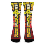 Orange And Red Stained Glass Cross Print Crew Socks
