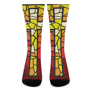 Orange And Red Stained Glass Cross Print Crew Socks