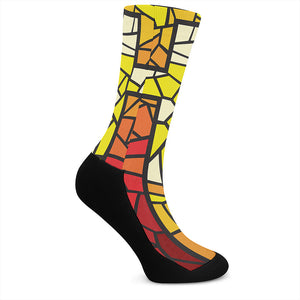 Orange And Red Stained Glass Cross Print Crew Socks