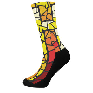 Orange And Red Stained Glass Cross Print Crew Socks