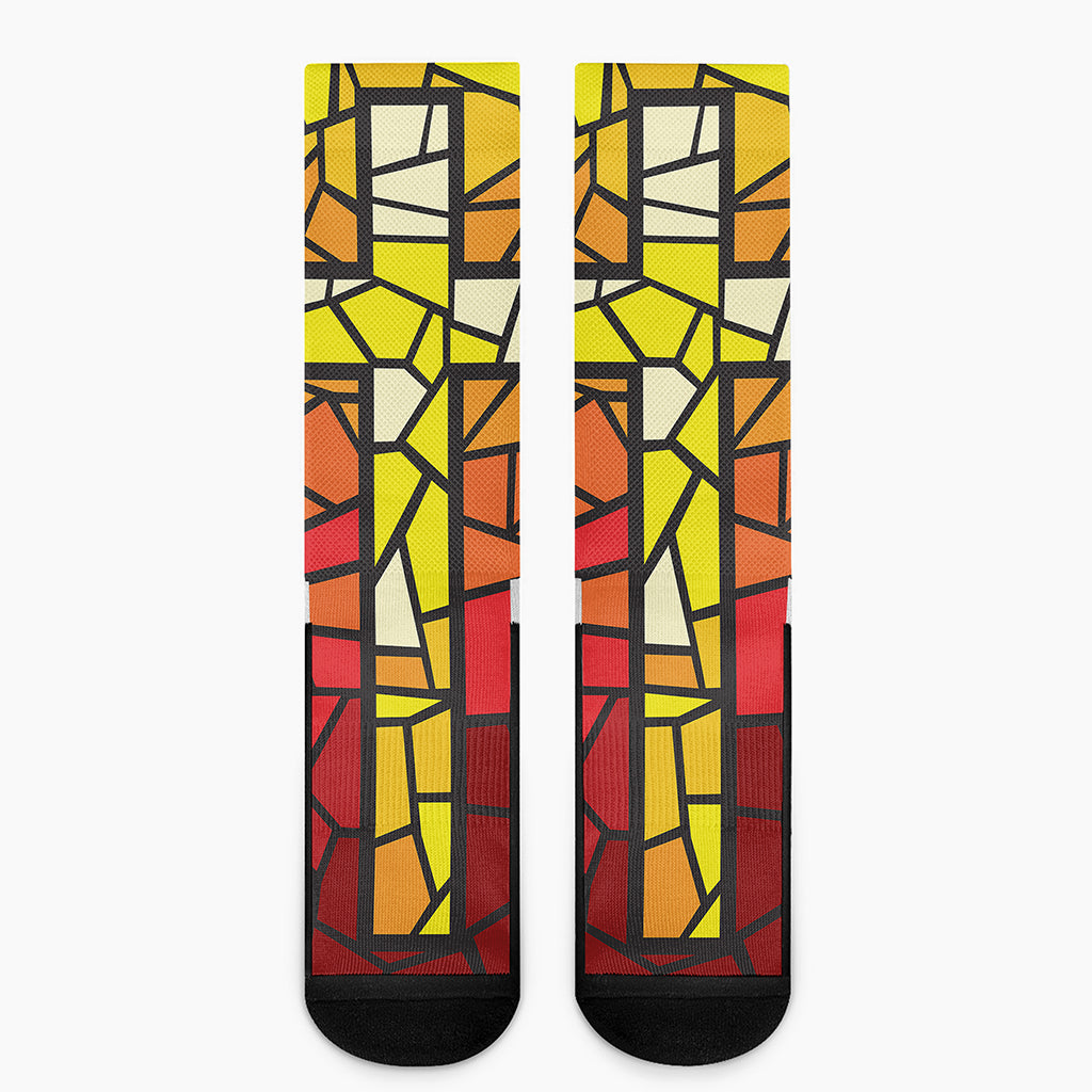 Orange And Red Stained Glass Cross Print Crew Socks