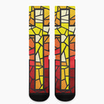 Orange And Red Stained Glass Cross Print Crew Socks