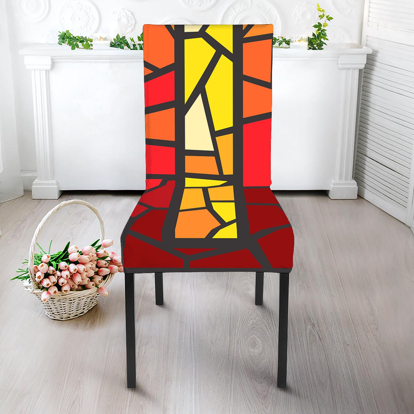 Orange And Red Stained Glass Cross Print Dining Chair Slipcover