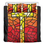 Orange And Red Stained Glass Cross Print Duvet Cover Bedding Set