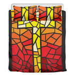 Orange And Red Stained Glass Cross Print Duvet Cover Bedding Set