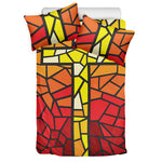 Orange And Red Stained Glass Cross Print Duvet Cover Bedding Set