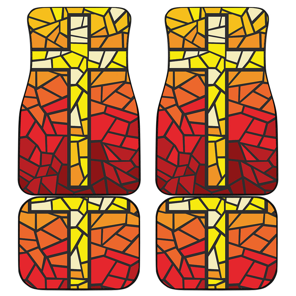 Orange And Red Stained Glass Cross Print Front and Back Car Floor Mats