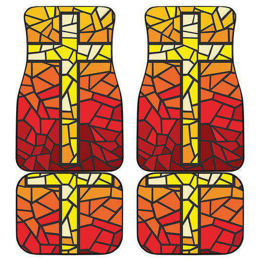 Orange And Red Stained Glass Cross Print Front and Back Car Floor Mats