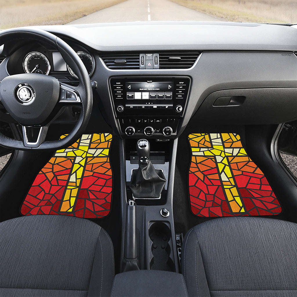 Orange And Red Stained Glass Cross Print Front and Back Car Floor Mats