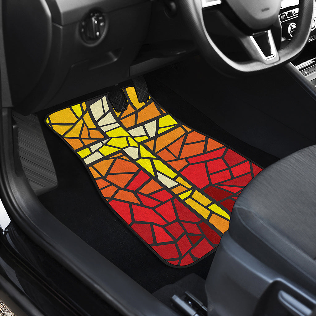 Orange And Red Stained Glass Cross Print Front and Back Car Floor Mats