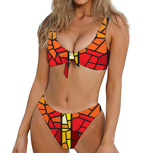 Orange And Red Stained Glass Cross Print Front Bow Tie Bikini