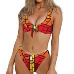 Orange And Red Stained Glass Cross Print Front Bow Tie Bikini