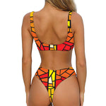 Orange And Red Stained Glass Cross Print Front Bow Tie Bikini