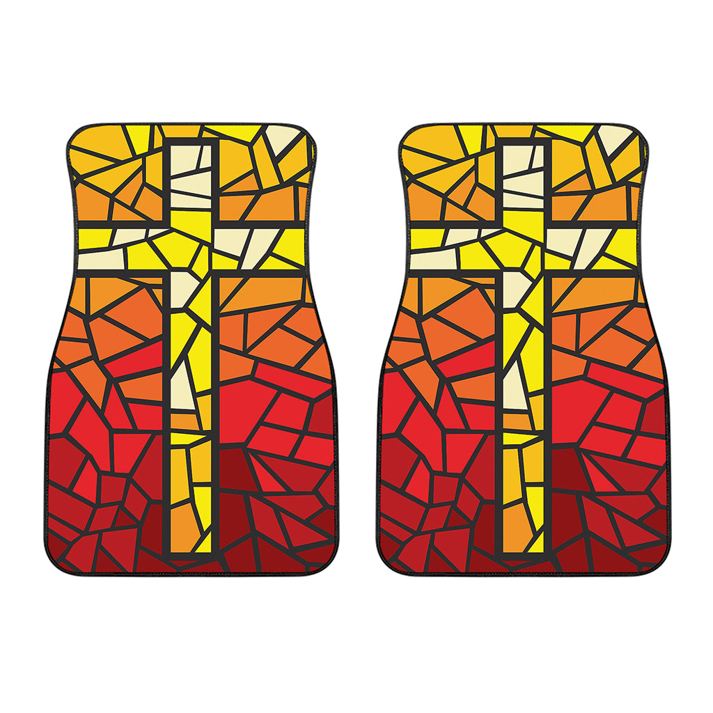 Orange And Red Stained Glass Cross Print Front Car Floor Mats