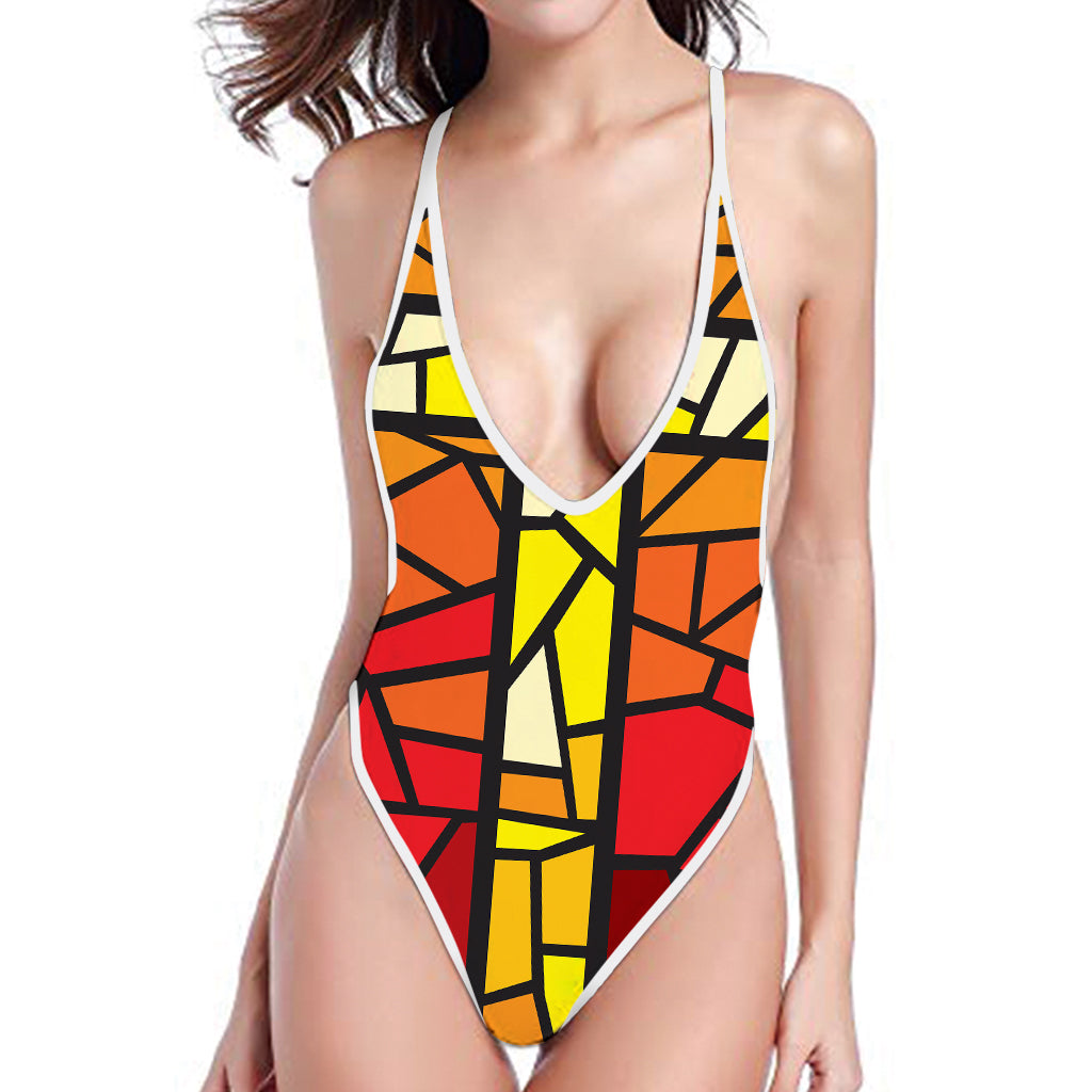 Orange And Red Stained Glass Cross Print High Cut One Piece Swimsuit