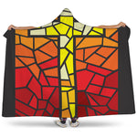 Orange And Red Stained Glass Cross Print Hooded Blanket