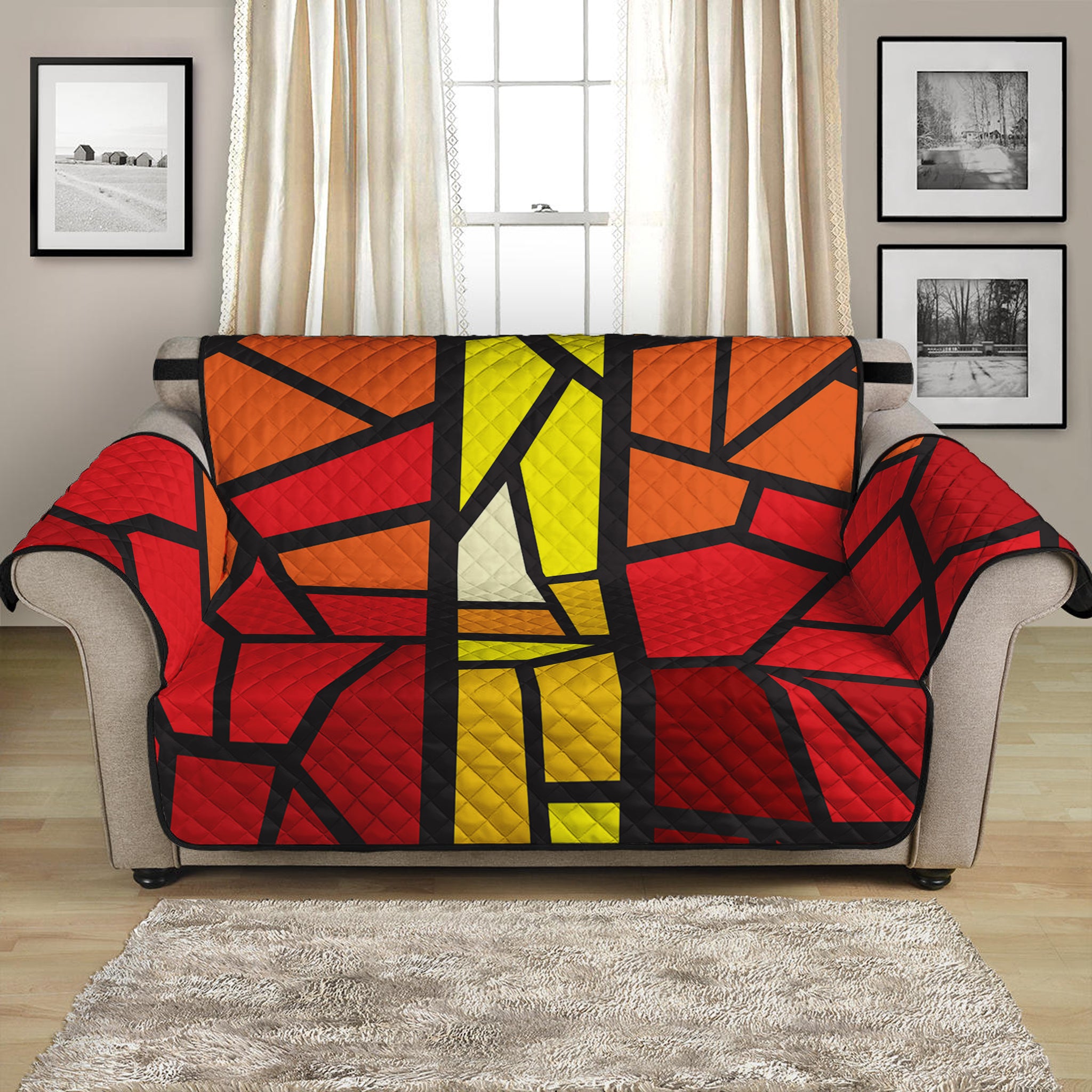 Orange And Red Stained Glass Cross Print Loveseat Protector