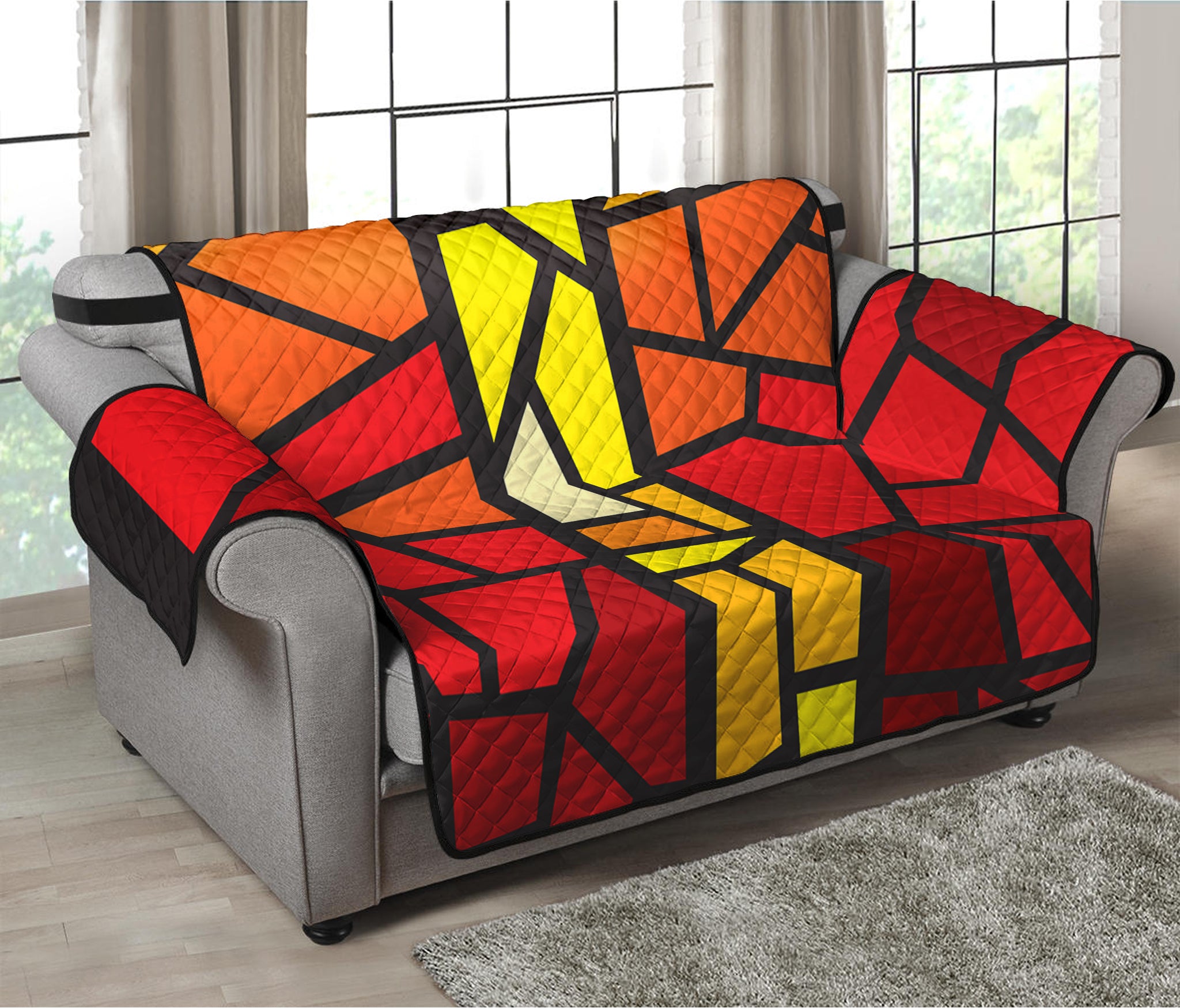 Orange And Red Stained Glass Cross Print Loveseat Protector