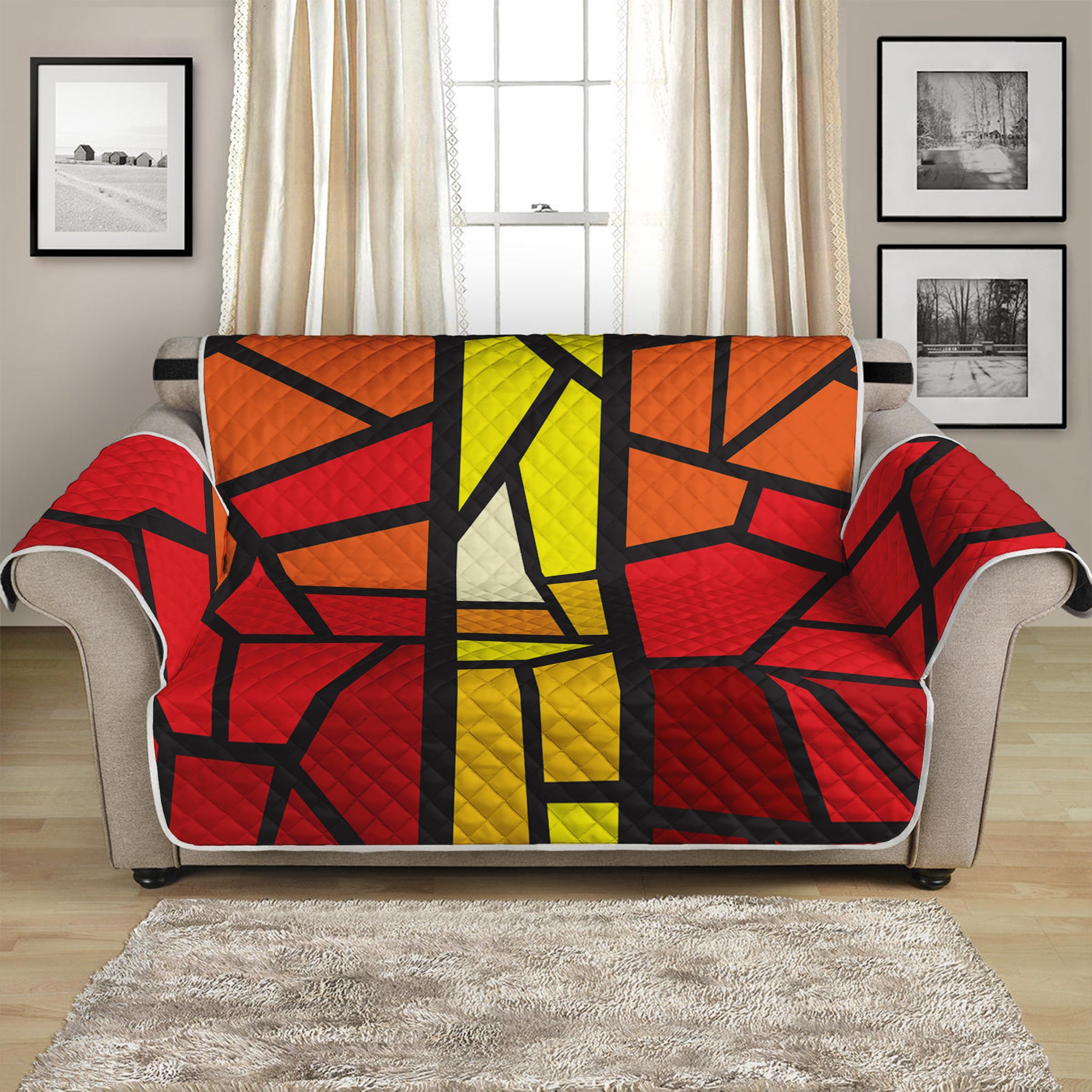 Orange And Red Stained Glass Cross Print Loveseat Protector