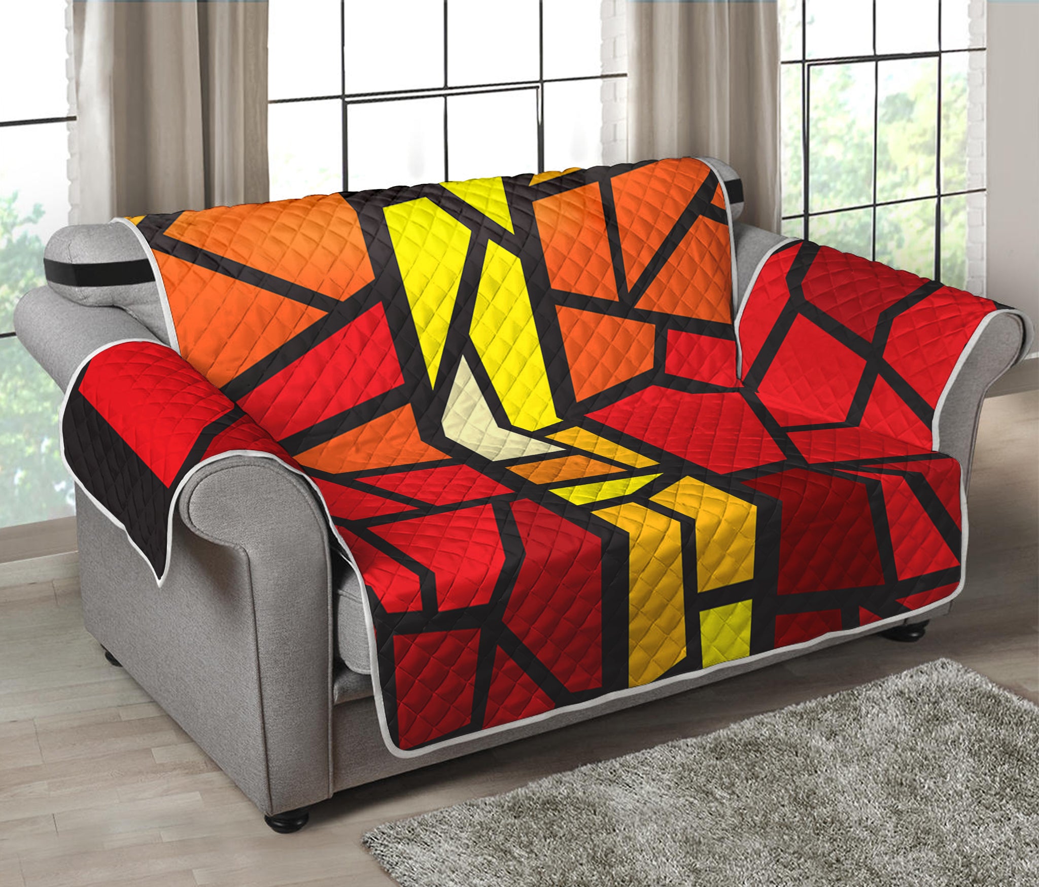 Orange And Red Stained Glass Cross Print Loveseat Protector