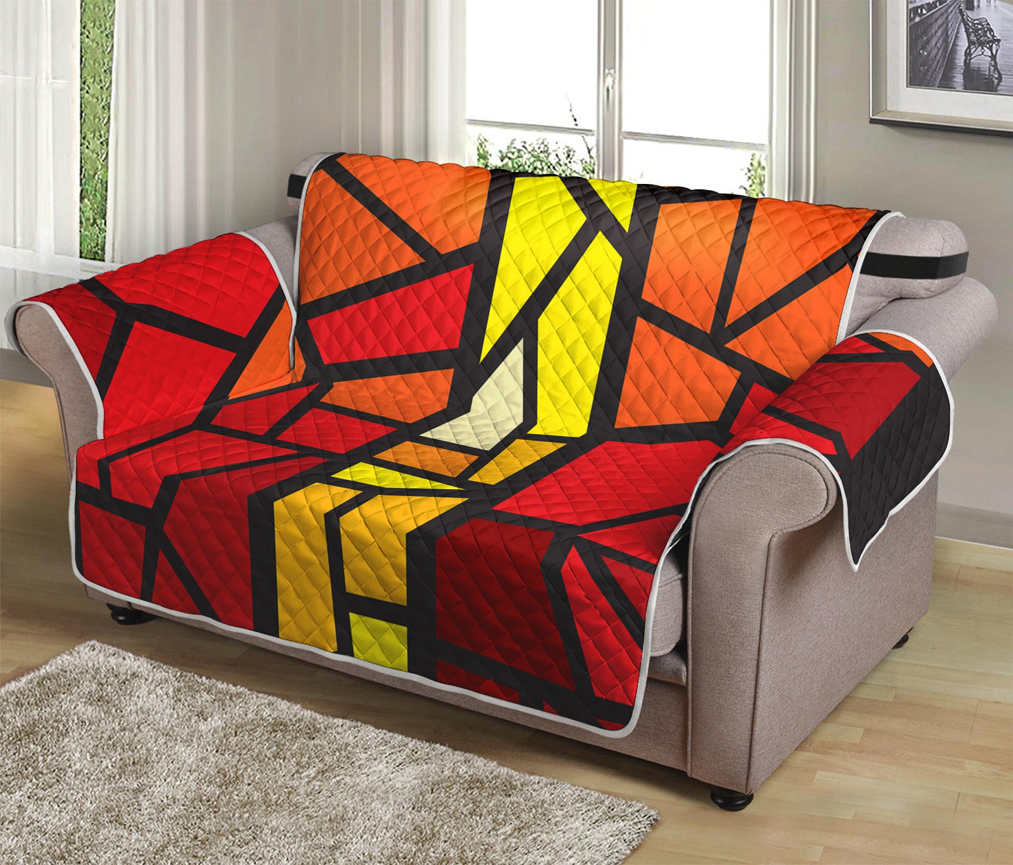 Orange And Red Stained Glass Cross Print Loveseat Protector