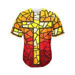 Orange And Red Stained Glass Cross Print Men's Baseball Jersey