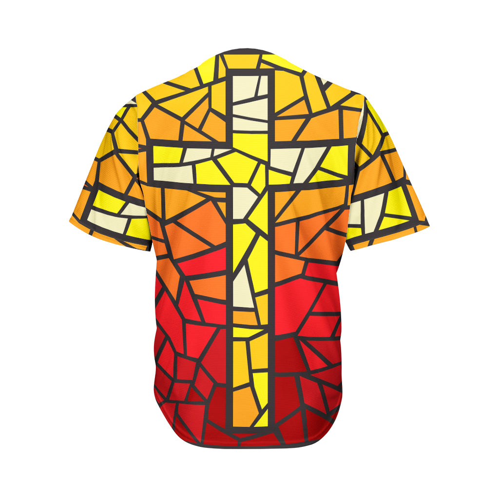 Orange And Red Stained Glass Cross Print Men's Baseball Jersey