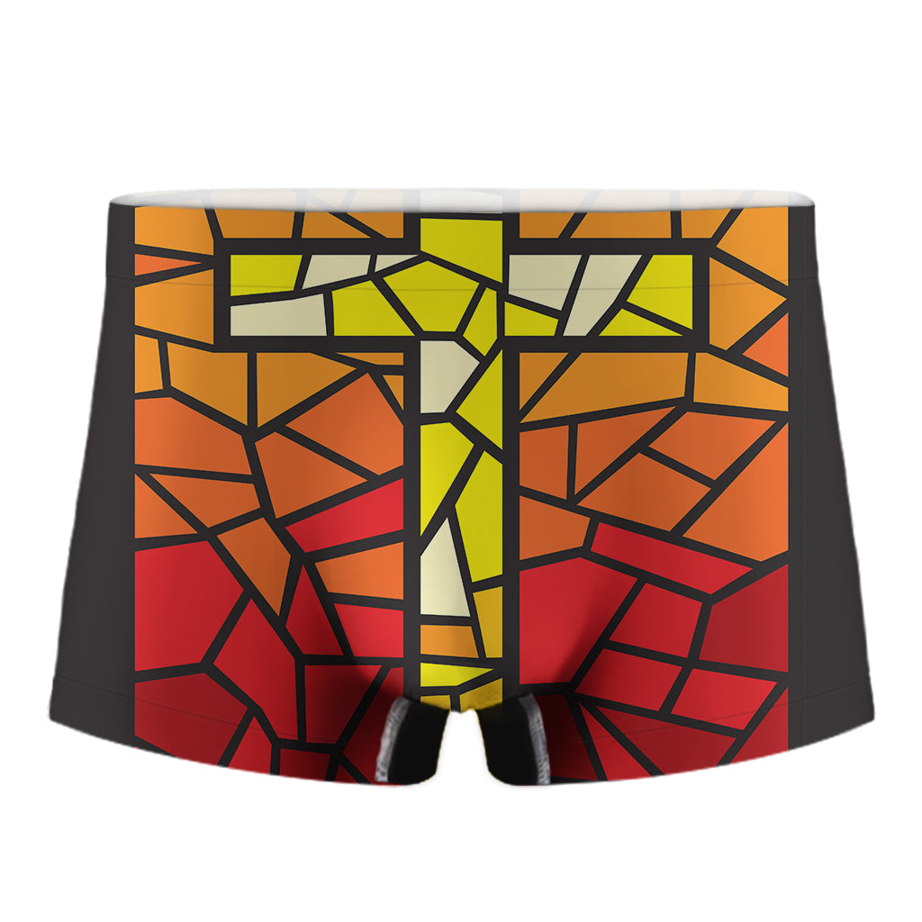 Orange And Red Stained Glass Cross Print Men's Boxer Briefs