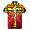 Orange And Red Stained Glass Cross Print Men's Short Sleeve Shirt