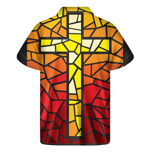 Orange And Red Stained Glass Cross Print Men's Short Sleeve Shirt