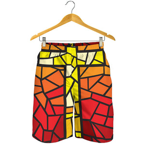 Orange And Red Stained Glass Cross Print Men's Shorts