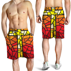 Orange And Red Stained Glass Cross Print Men's Shorts