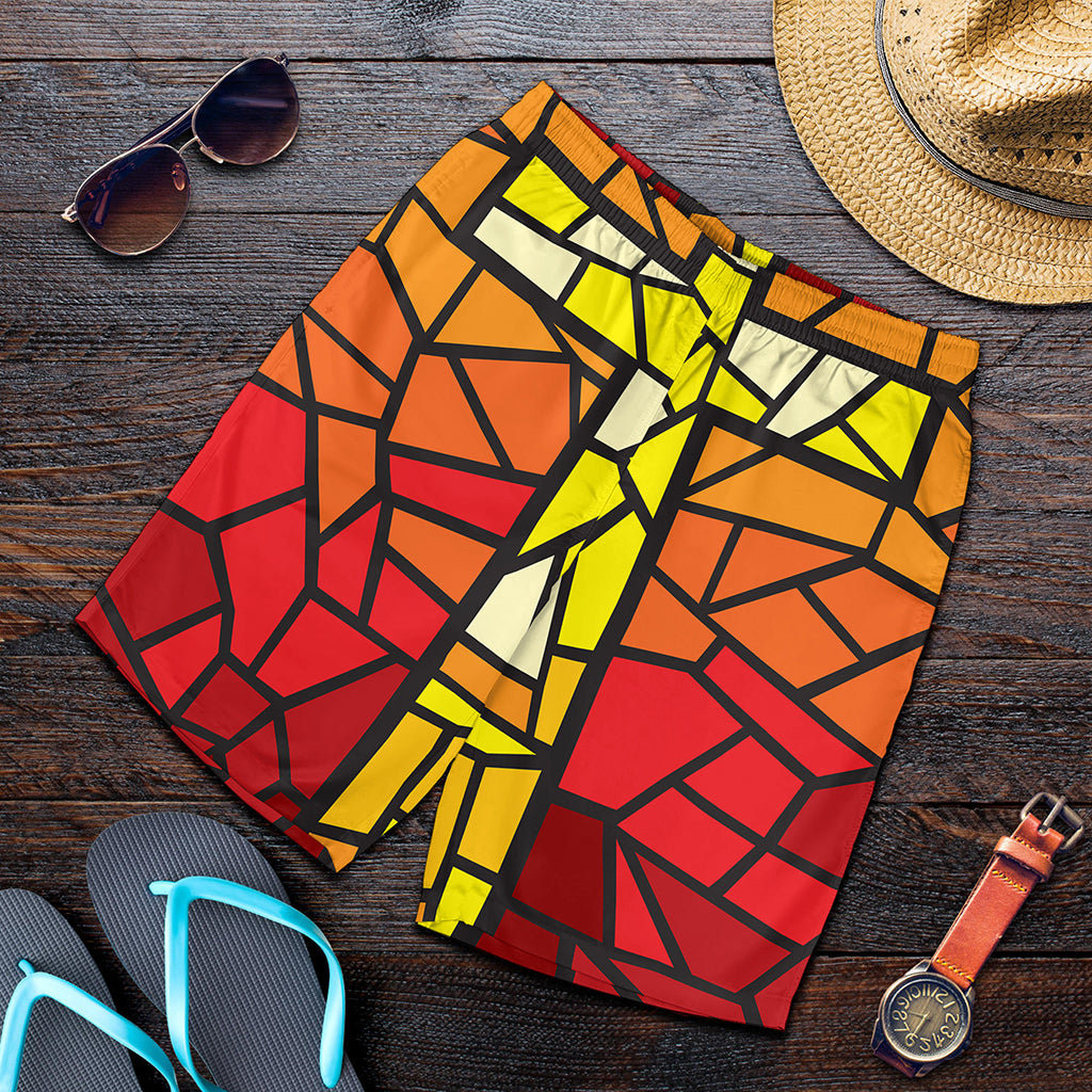 Orange And Red Stained Glass Cross Print Men's Shorts