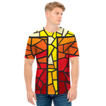 Orange And Red Stained Glass Cross Print Men's T-Shirt