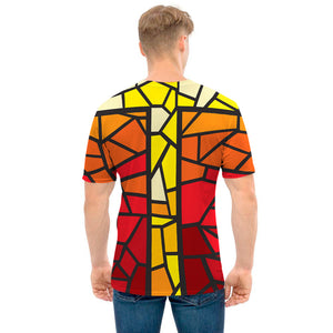 Orange And Red Stained Glass Cross Print Men's T-Shirt