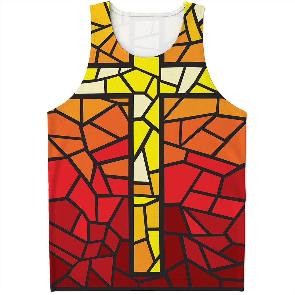 Orange And Red Stained Glass Cross Print Men's Tank Top