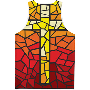 Orange And Red Stained Glass Cross Print Men's Tank Top