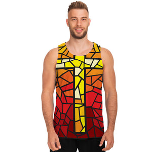 Orange And Red Stained Glass Cross Print Men's Tank Top