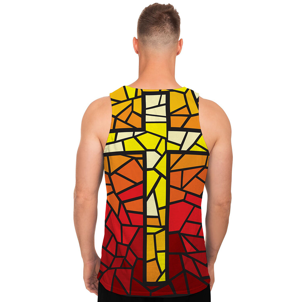 Orange And Red Stained Glass Cross Print Men's Tank Top